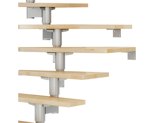 Pertura Chiron middentrap, parelgrijs, kwartslag, links/rechts onder, leuning 75 cm, beuken gelamineerd hout, gelakt, 11 treden / 12 stootborden