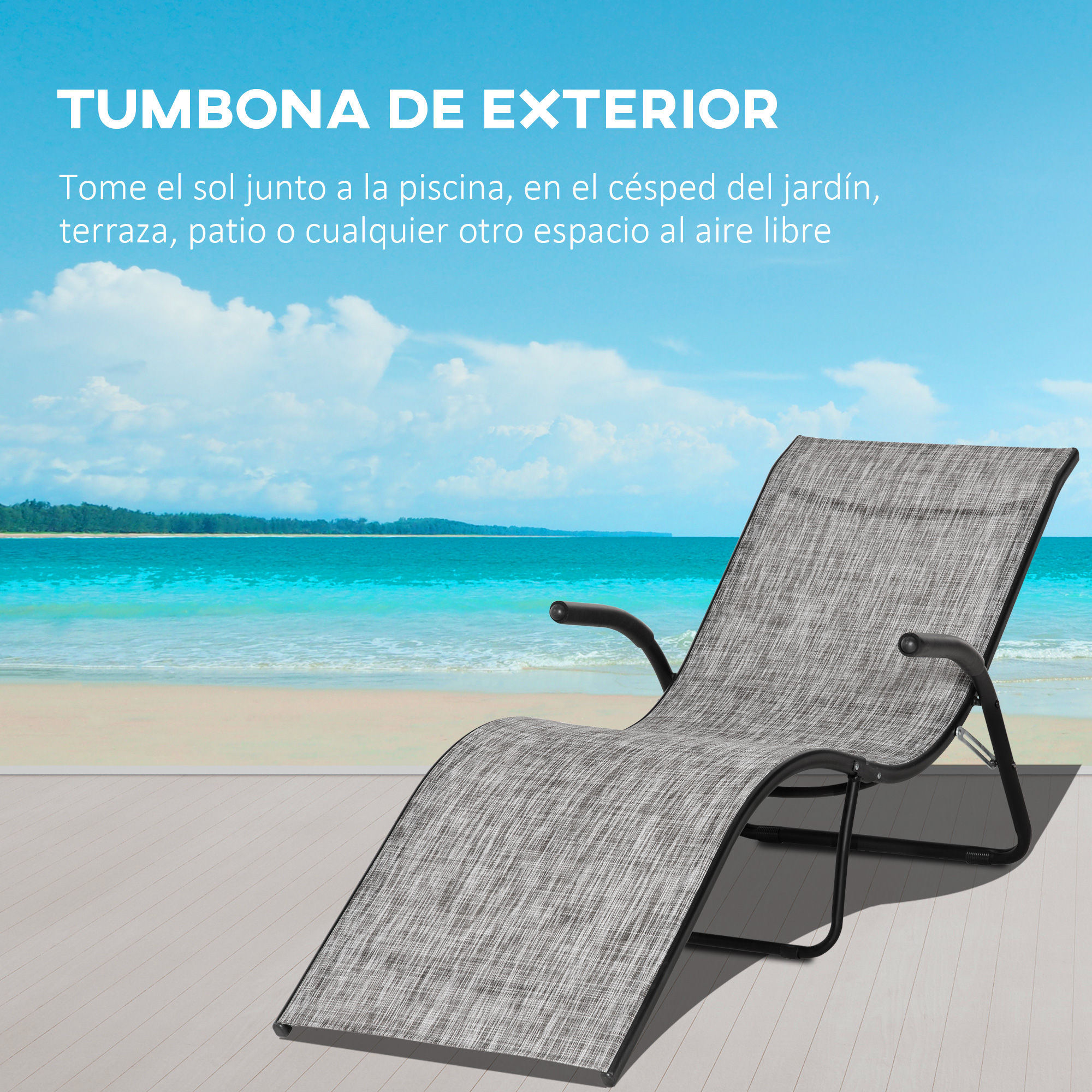 Conjunto de 2 espreguiçadeiras dobráveis Outsunny, espreguiçadeiras de jardim com apoios de braço, apoio para os pés e encosto, capacidade de carga de 160 kg para terraço, praia, camping e uso ao ar livre, 170x62x68 cm, cinza