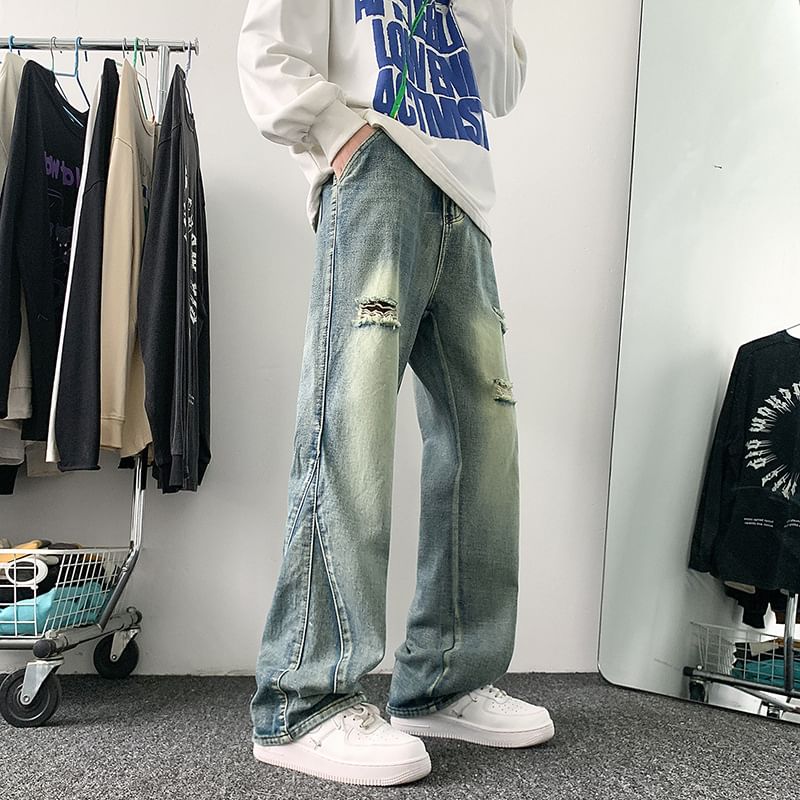 Fushet - Mid Rise Washed Distressed Flared Jeans