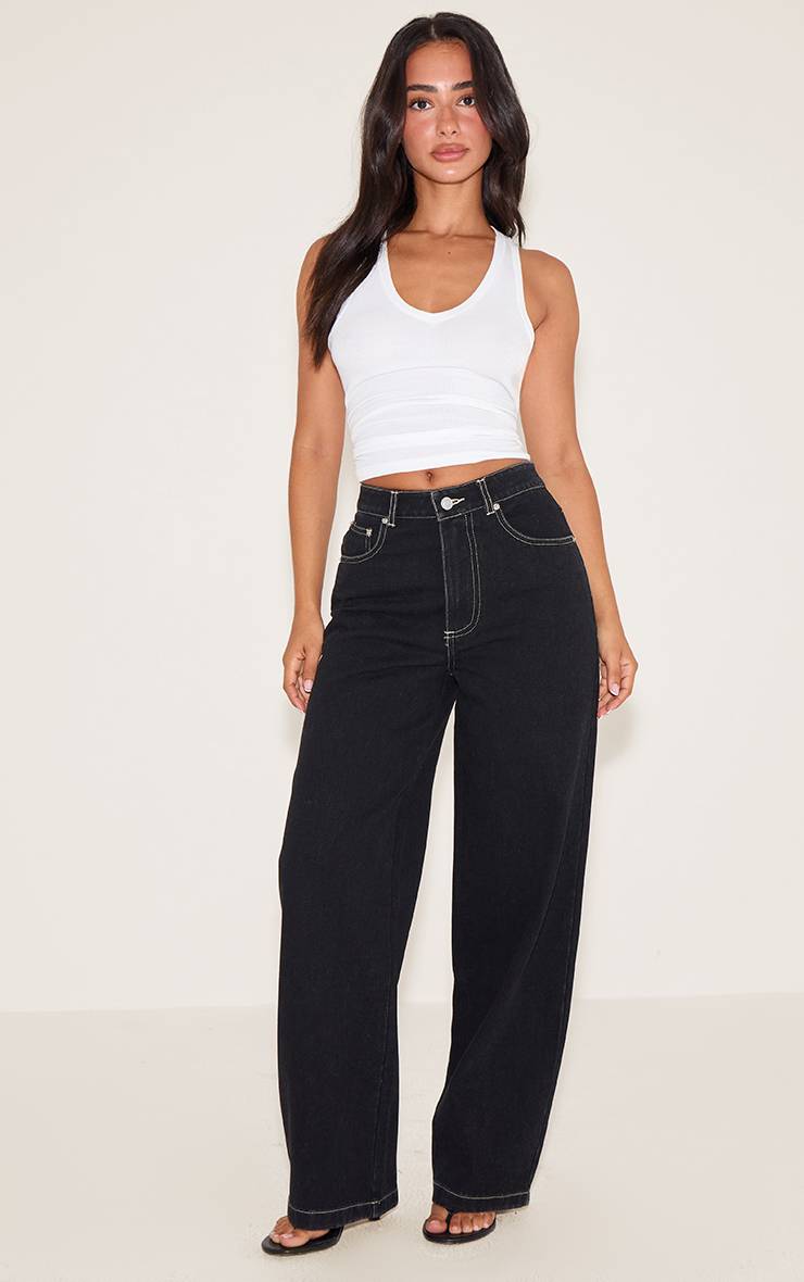 Noir Délavé Jean Droit En Denim À Coutures Contrastées Petite