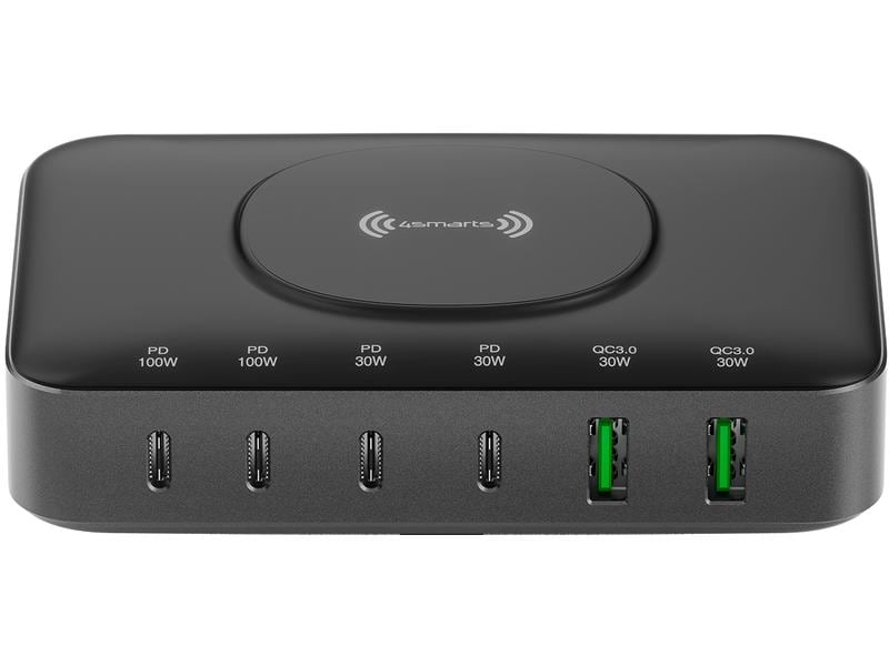 4smarts 7in1 GaN Ladestation Schwarz 7-Port Ladestation mit Schnellladefunktion und integrierter kabelloser Ladefläche