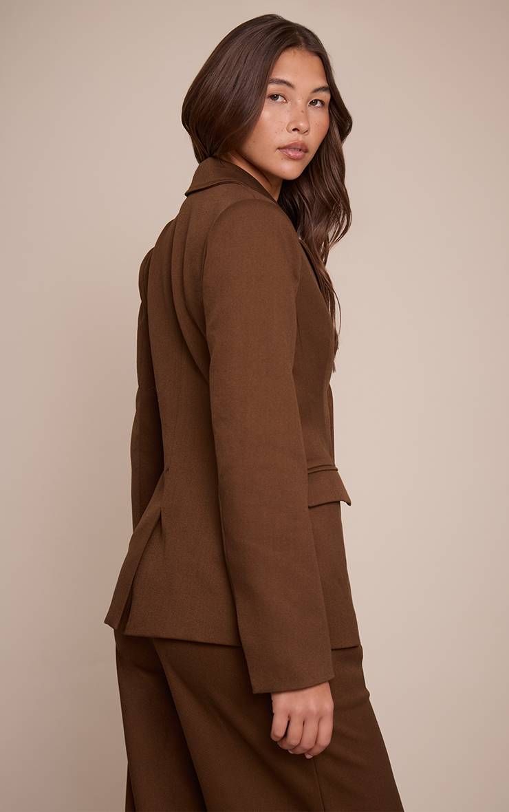 Chocolat Ensemble Coordonné Blazer Cintré À La Taille Avec Décolleté Plongeant En Tissu Tissé Ajusté