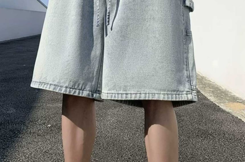 Oakjam - Cargoshorts met wijde pijpen en een trekkoord in de taille van gewassen denim