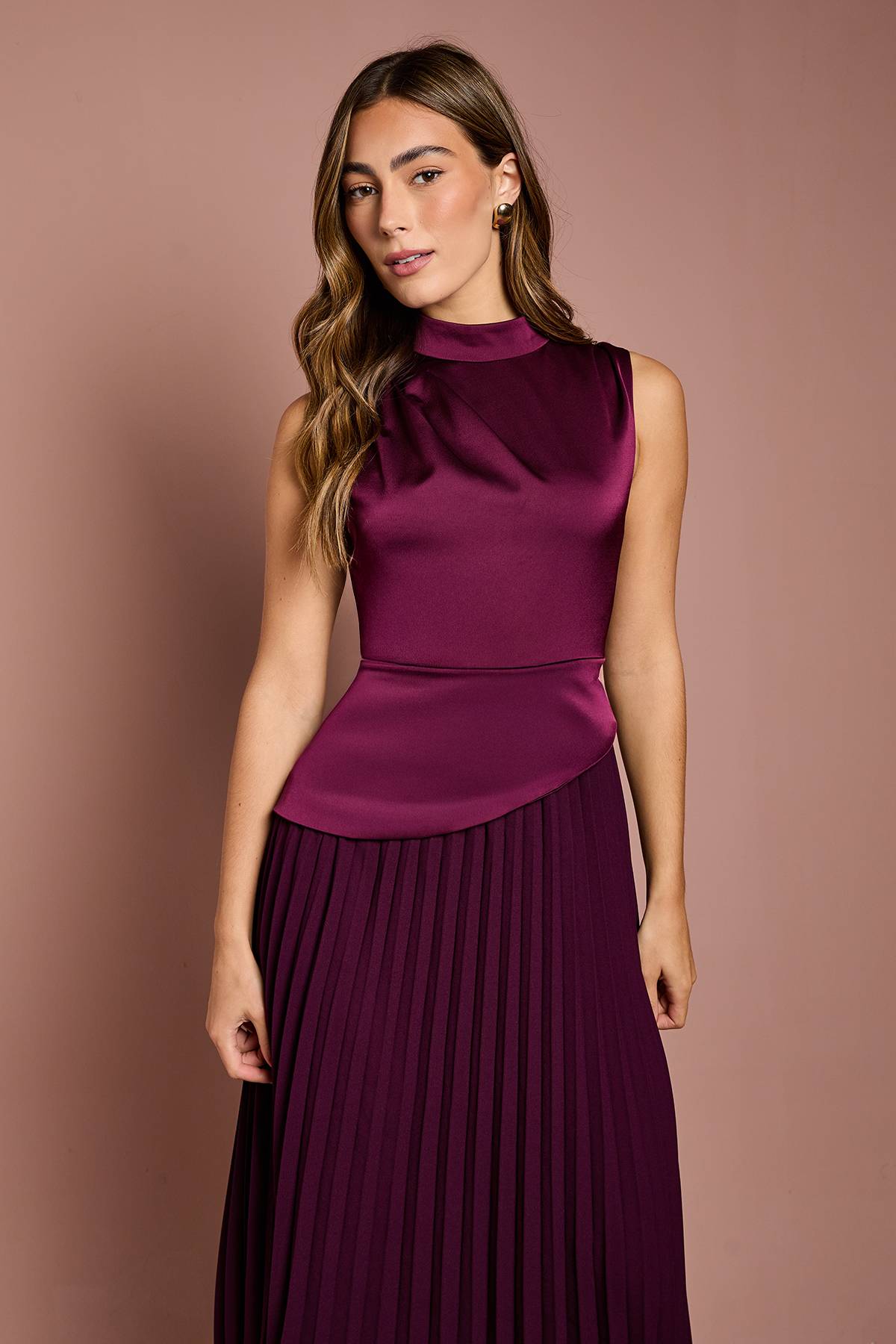 Coast Robe Midi Drapée à Col Haut et Jupe Plissée