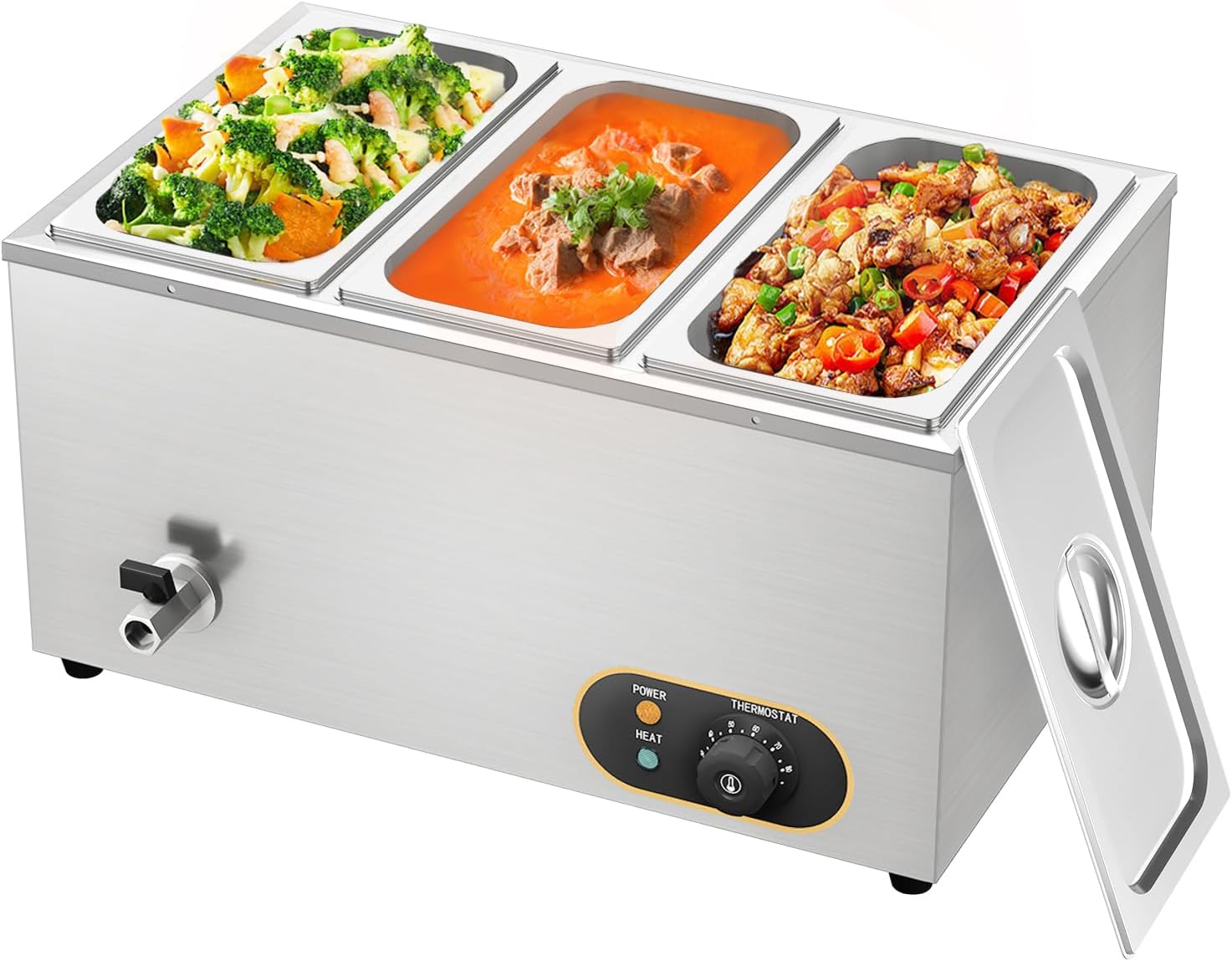 Bain Marie Speisenwärmer Wasserbad Gastro GN-Behältern 1/3 * 3 Warmhalter Edelstahl mit Ablaufhahn 1500W