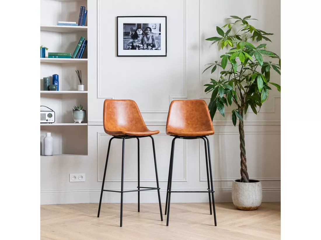 Lot de 2 tabourets de bar vintage LUCIEN cognac - Hauteur d'assise 75cm - HAPPY GARDEN