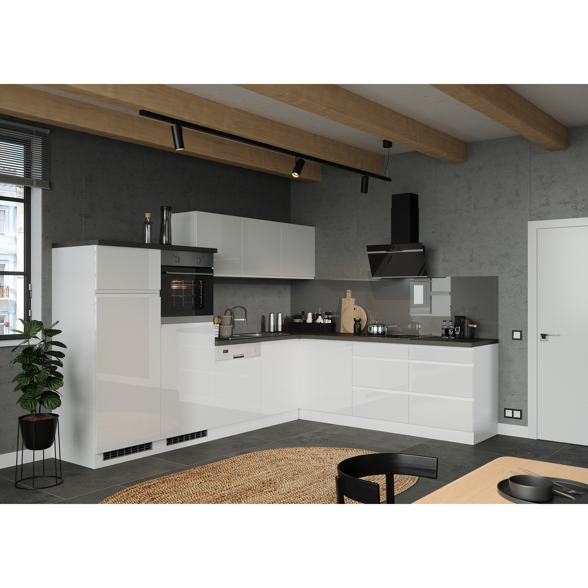 Eckunterschrank MONZA - weiß Hochglanz - Beton-Optik