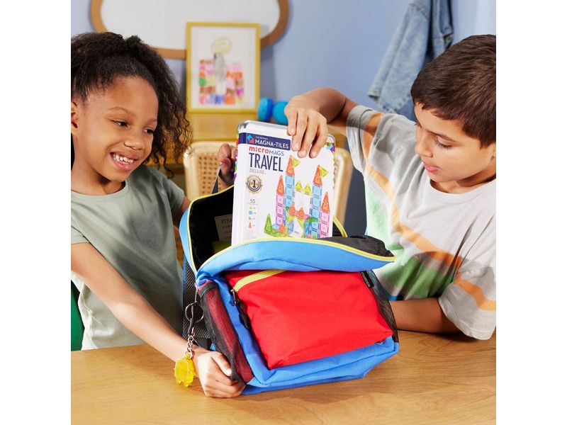 Magna-Tiles MicroMAGS Travel Deluxe 55 Teile Set mit 55 magnetischen Mini-Bauteilen und praktischer Metallbox