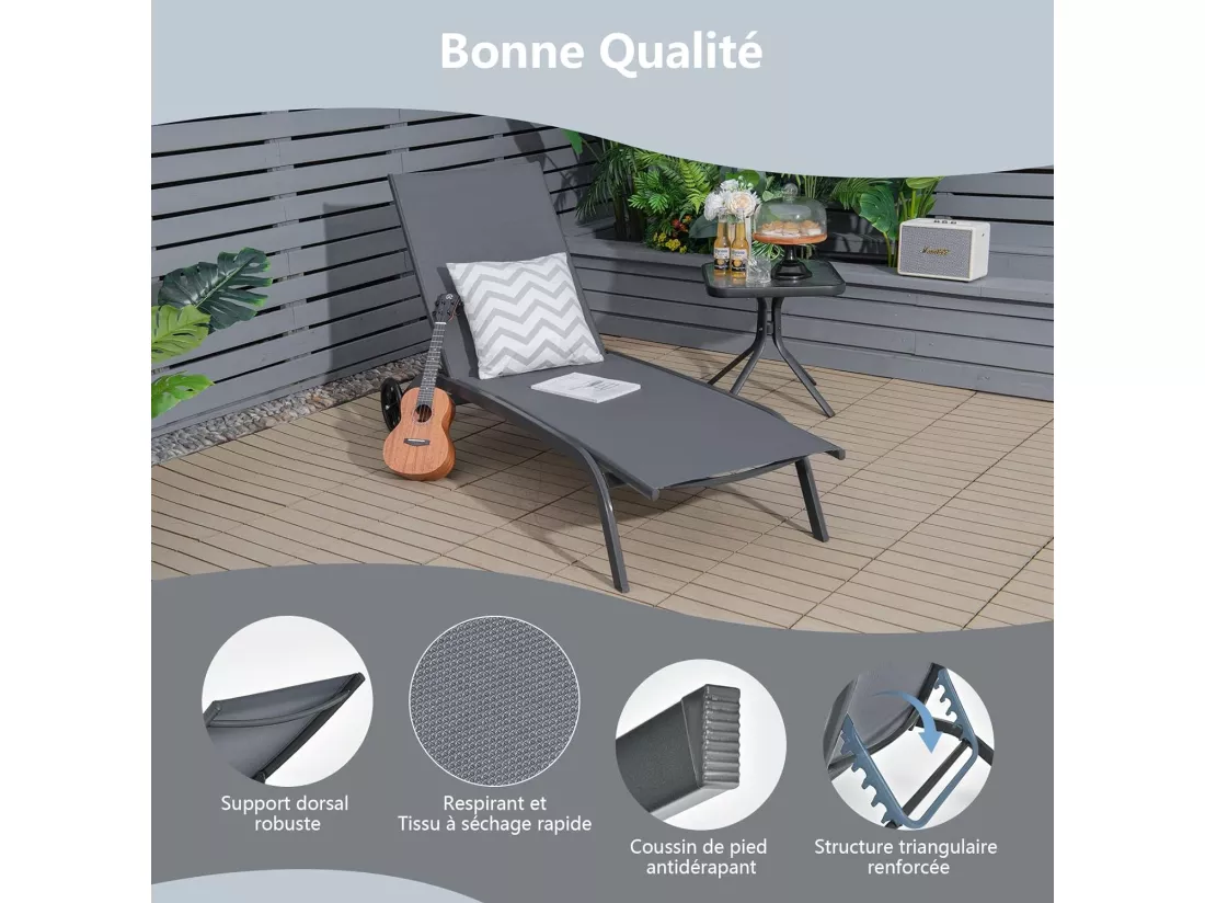Chaise Longue de Jardin, Réglable à 6 Positions, Bain de Soleil, Transat de Relaxation pour Bord de Piscine, Cour et Jardin,Gris