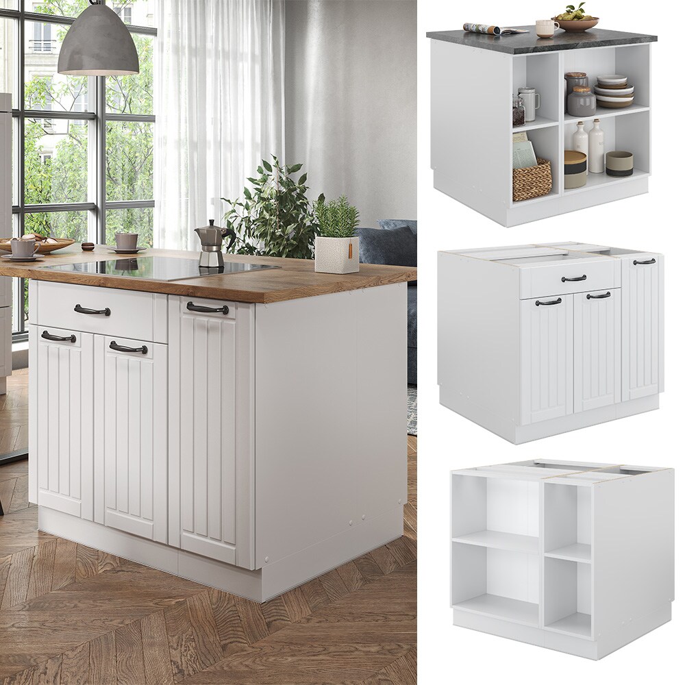 Vicco Kücheninsel Küchenblock Einbauküche Fame-Line Landhaus Weiß 90 cm Küchen Schränke Apothekerunterschrank Schubunterschrank Regalinselunterschrank Softclose-Scharnier Küchenmöbel