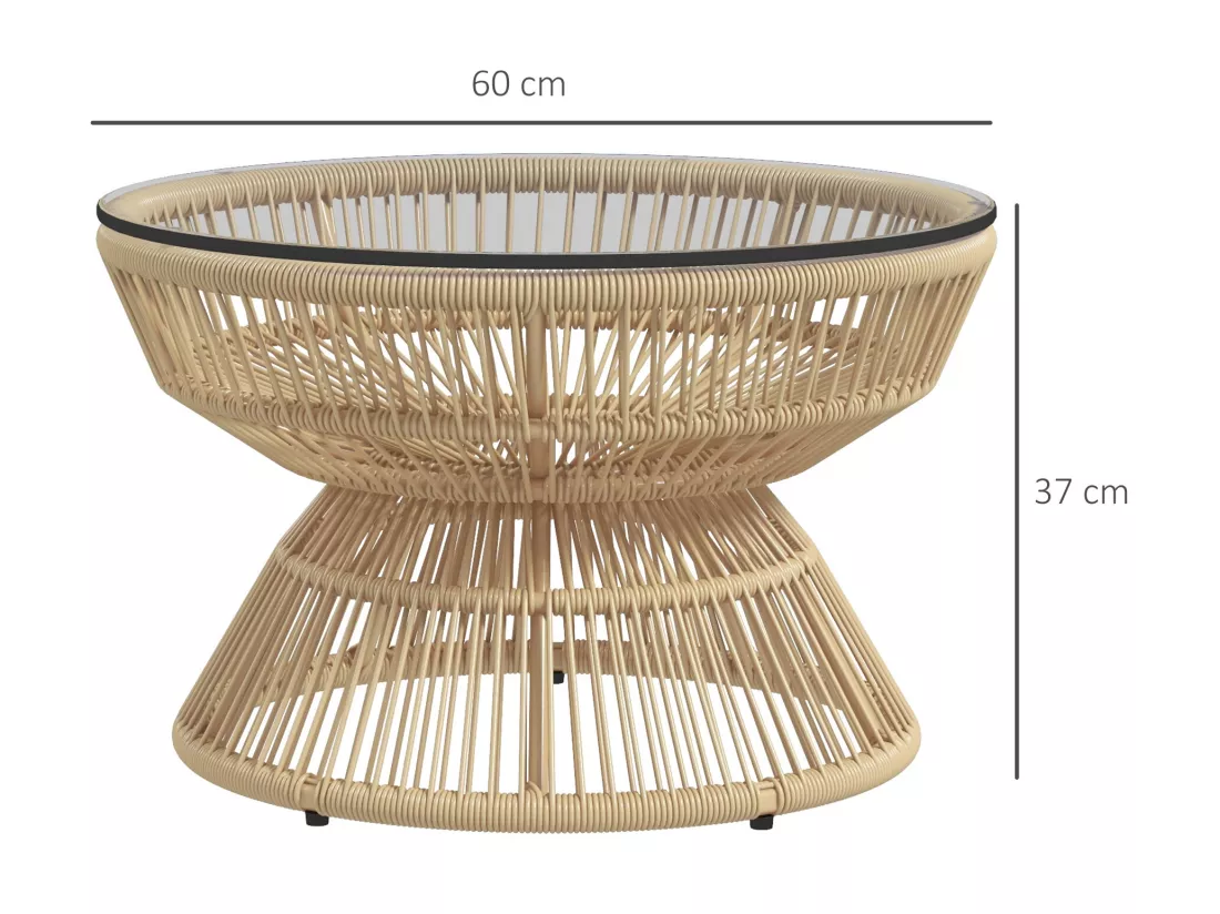 Table basse de jardin ronde résine aspect rotin plateau verre