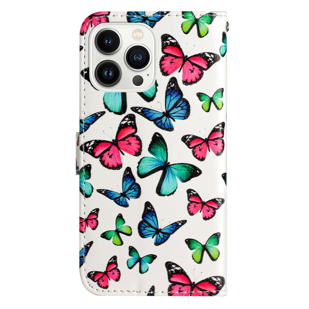 iPhone 16 Pro Leder Tasche Hülle mit Kartenfach Bunte Schmetterlinge
