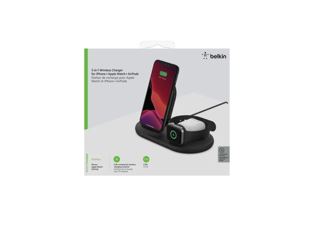 Belkin BoostCharge - Trådløs opladningsstander - 7.5 Watt - sort - for Apple AirPods; AirPods Pro; iPhone 11, 12, 7, 8, SE, X, XR, XS, XS Max; Watch