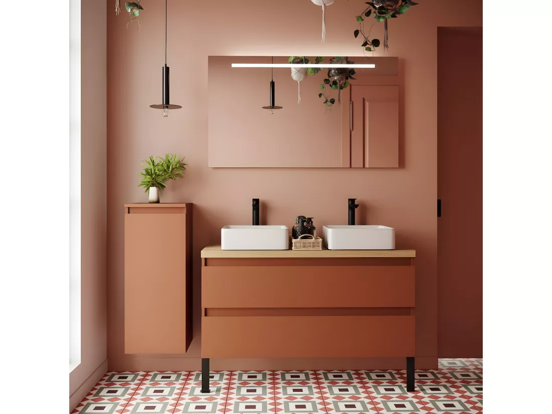 Meuble de salle de bain suspendu 2 vasques à poser 120cm 2 tiroirs Terracotta - Hudson