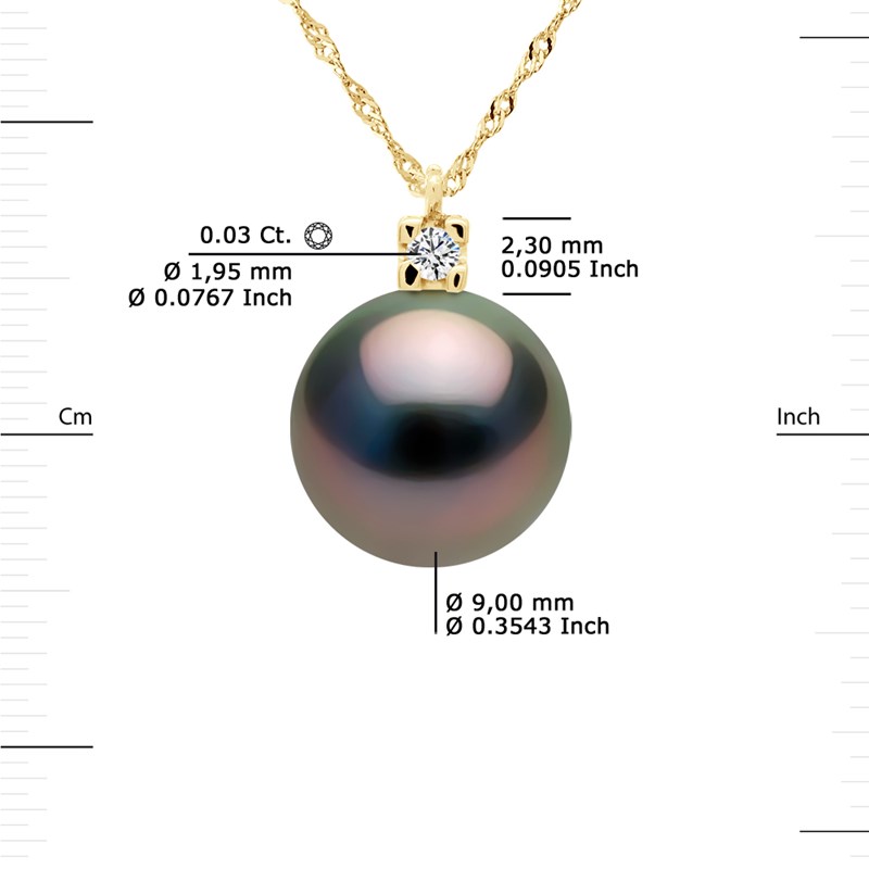Collier Joaillerie Diamants 0,03 Cts - Véritable Perle de Culture de Tahiti Ronde 9-10 mm - Or Jaune