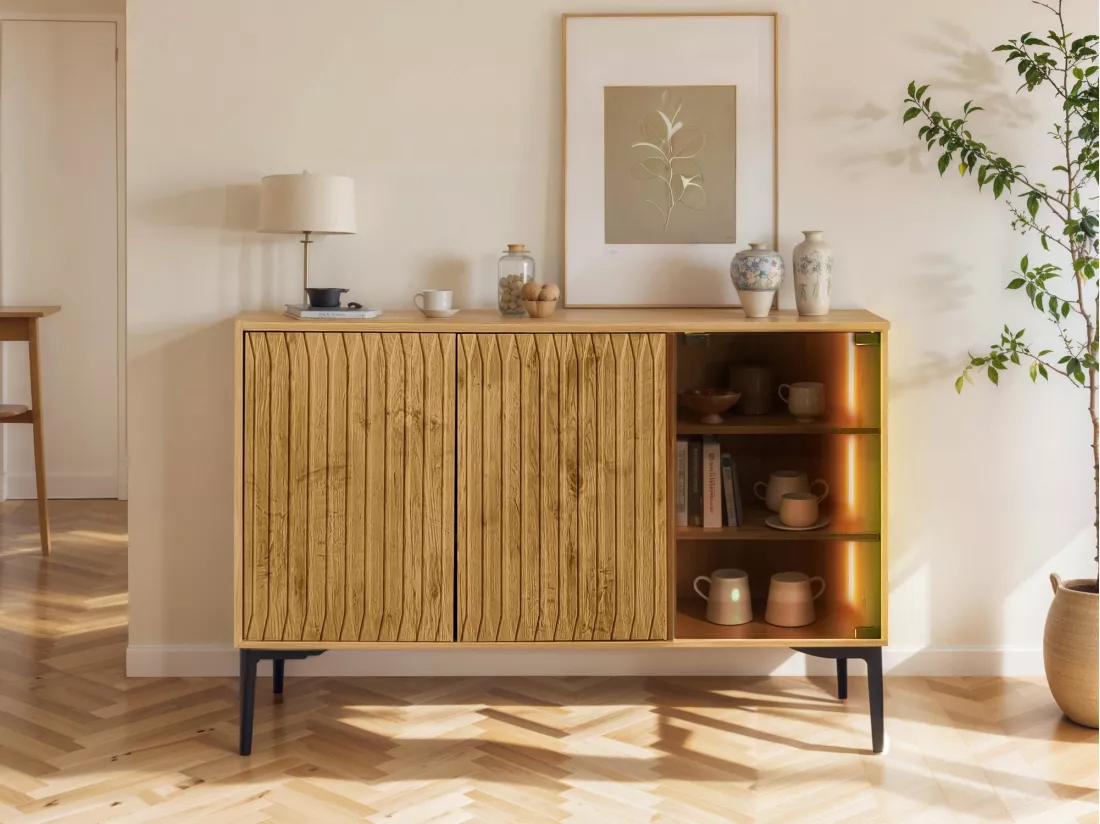 Buffet en MDF avec LED - 2 portes et 3 compartiments ouverts - Naturel