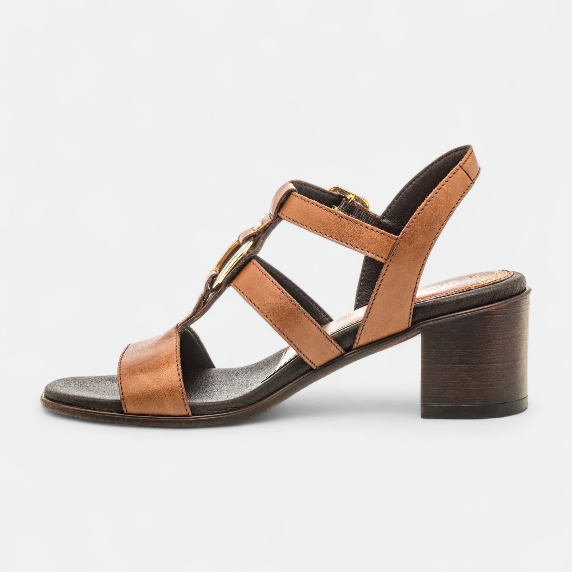 Nu-pieds à talon Femme en cuir cognac