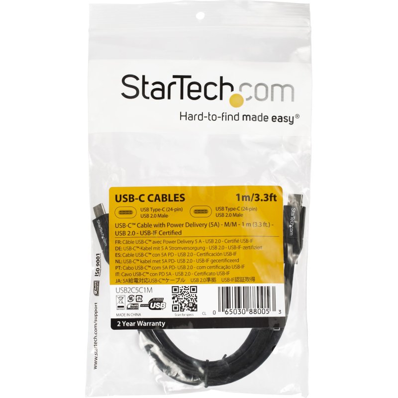 StarTech.com Câble de Charge Rapide USB-C de 1m, Charge et Synchronisation, 100W (5A) PD, USB 2.0, Certifié USB-IF - Cordon de Charge USB C