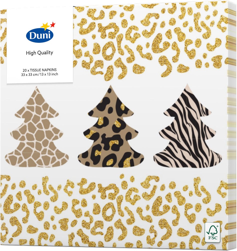 Duni servetten Wild Xmas Trees wit / goud 33 x 33 cm 20 stuks