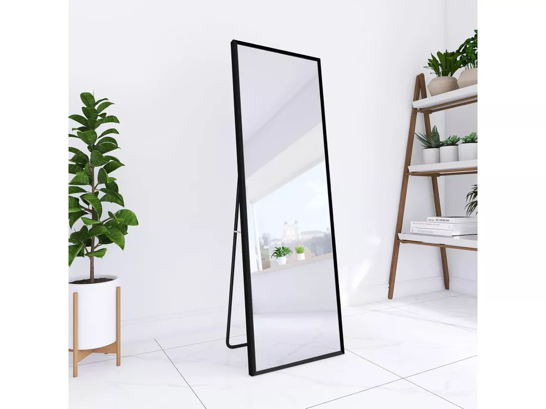 Miroir pleine longueur 162 x 53 cm, sur pied, suspendu ou appuyé, grand miroir de sol avec cadre en alliage d'aluminium noir pour salon ou chambre à coucher, rectangulaire