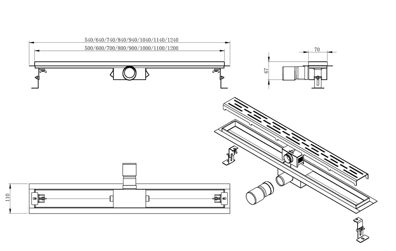 Mueller Basic douchegoot RVS met flens 70x7cm