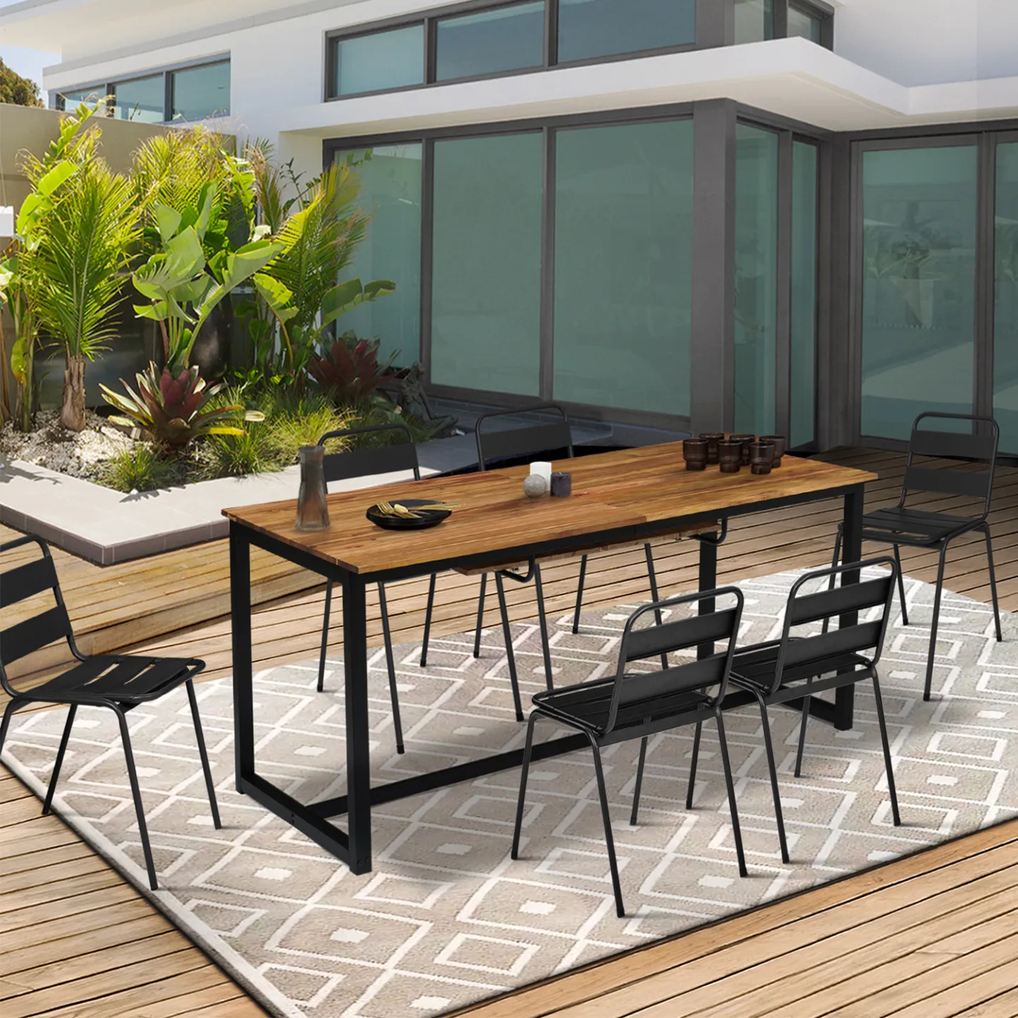 Salon de jardin extensible SOHO 8/10 places table 160/200 cm acier + acacia et 8 chaises empilables noires