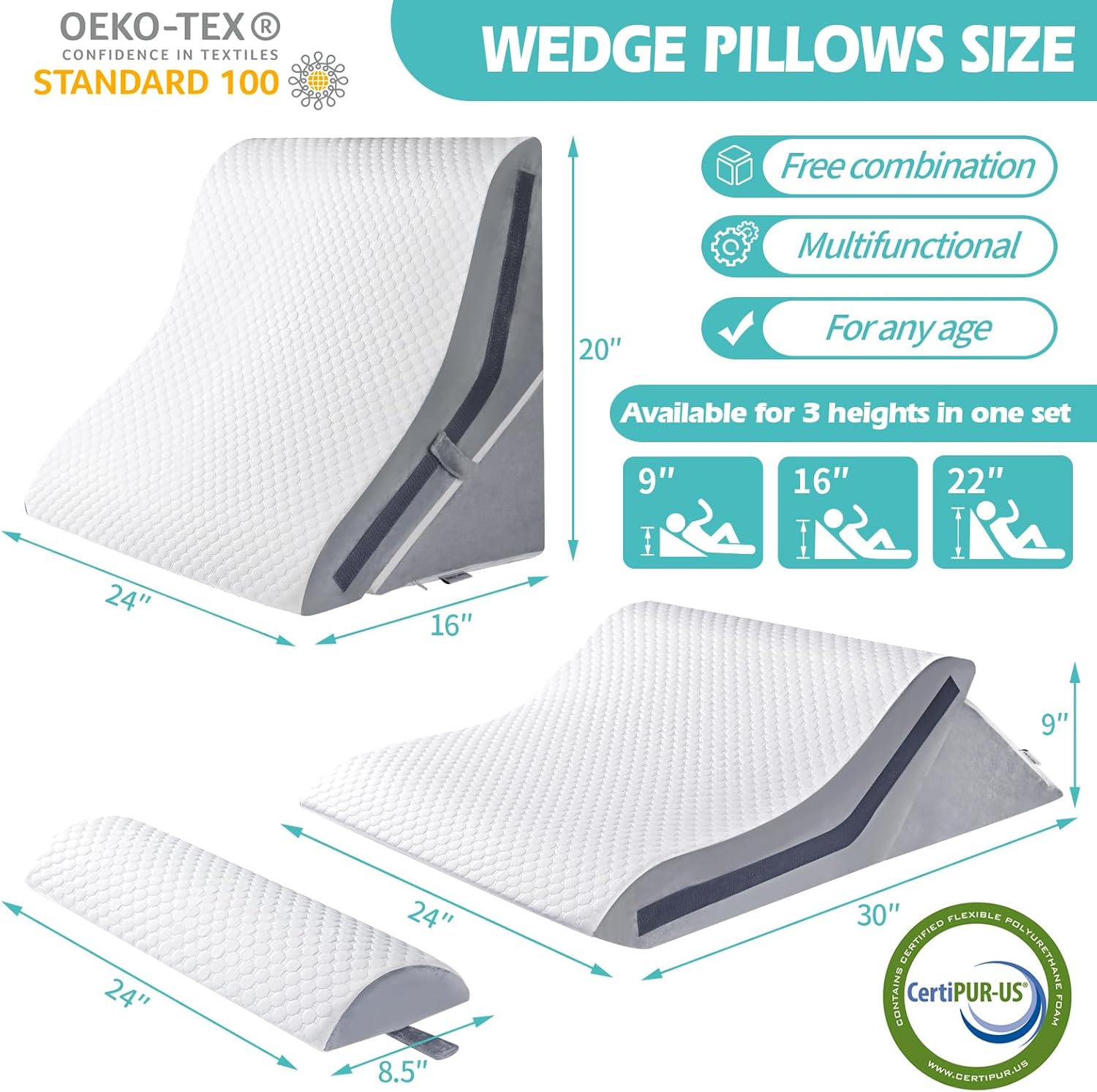 Keilkissen zum Schlafen, orthopädisches Bettkeilkissen-Set, 15-in-1, 3-teilig, verstellbares Keilkissen aus Memory-Schaum, nach Operationen, 57 cm, 40,6 cm, 50,8 cm Höhe, 3-in-1 Neigungskeile (Weiß,