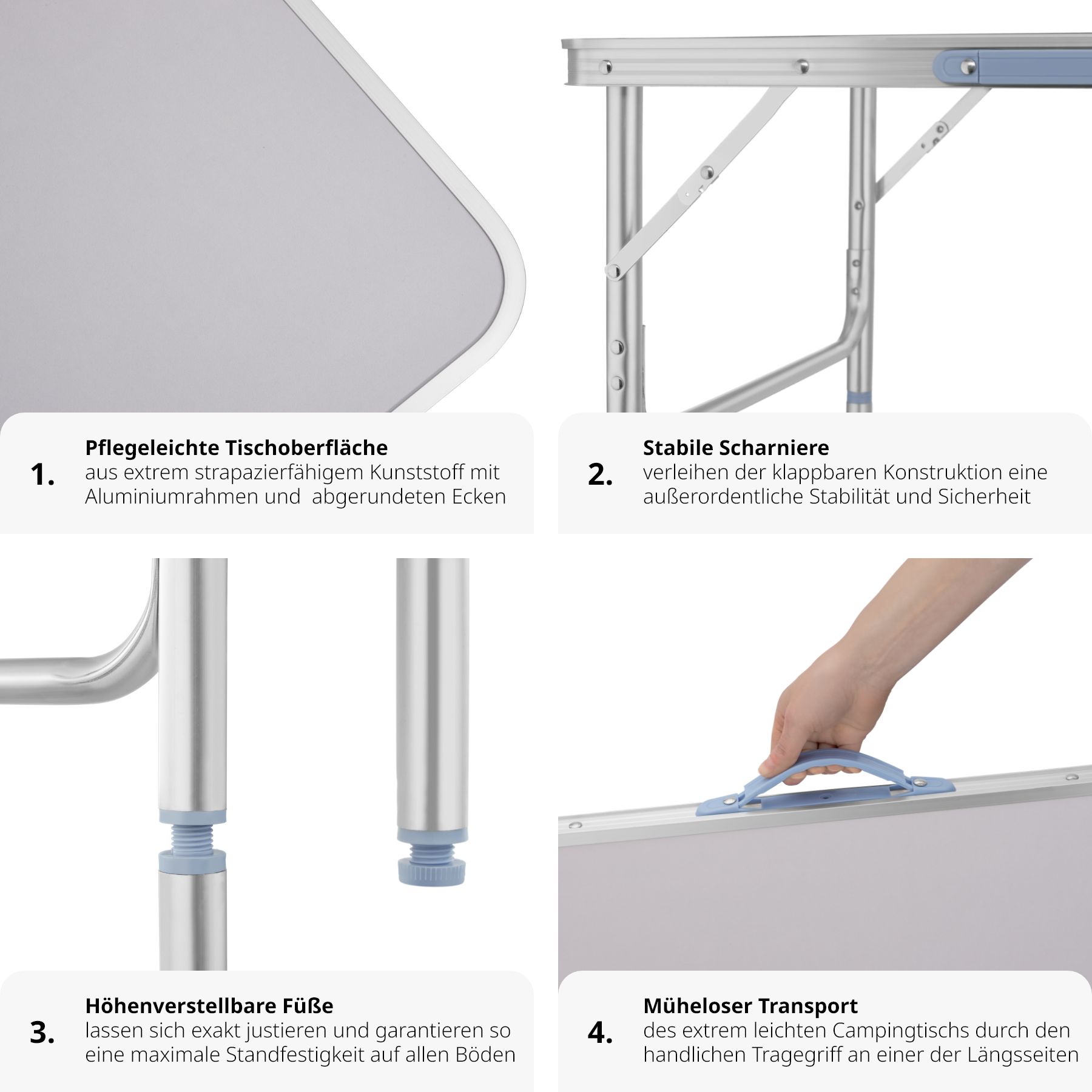 tectake® Campingtisch, klappbar, anschraubbare, höhenverstellbare Beine und Füße, 75 x 55 x 68 cm