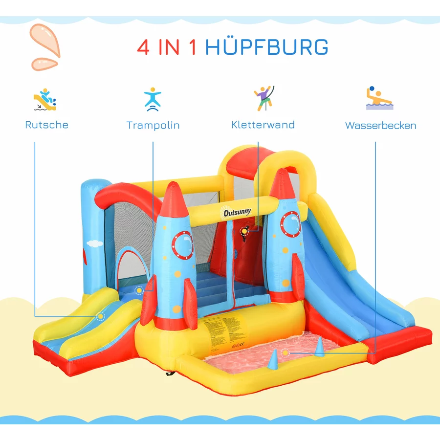 Outsunny Kinderhüpfburg im Raketendesign inkl. Rutsche bunt