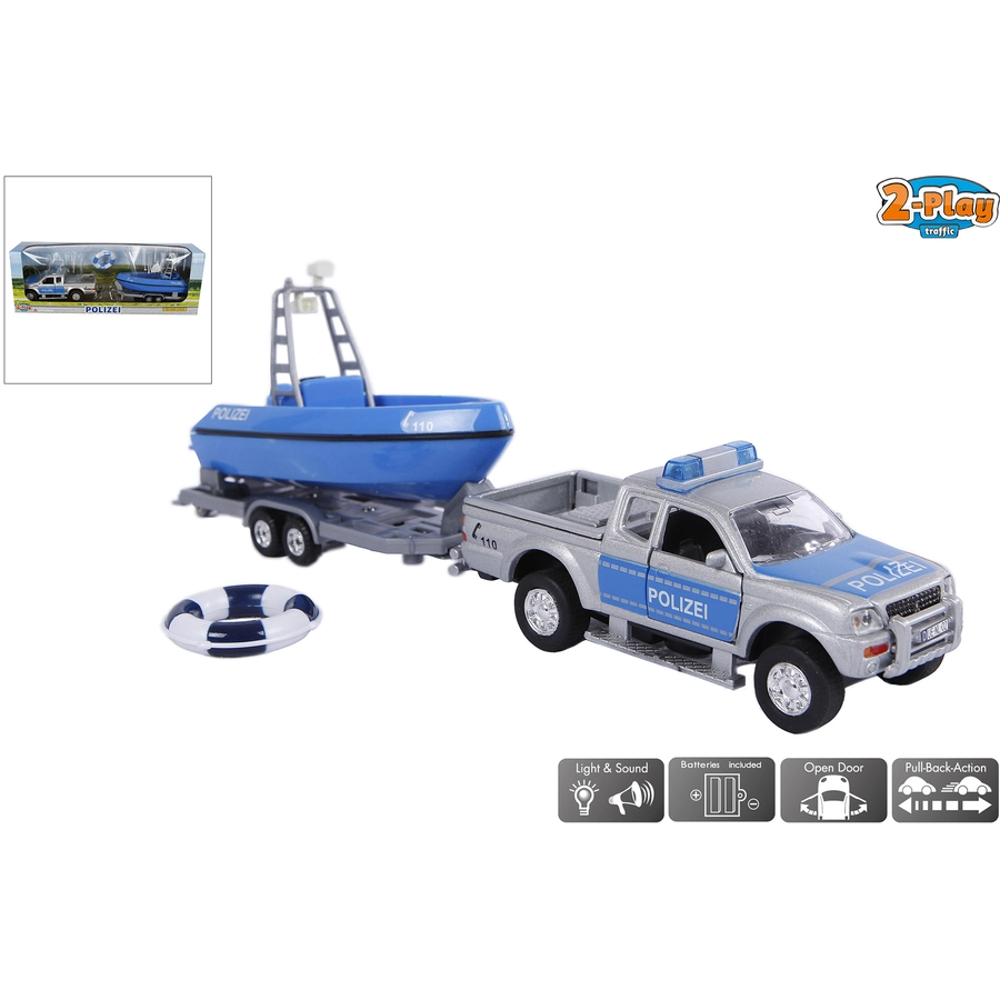 Kids Globe Farming Polizei Auto L200 mit Anhänger + Rettungsboot Blau, Silber Blau