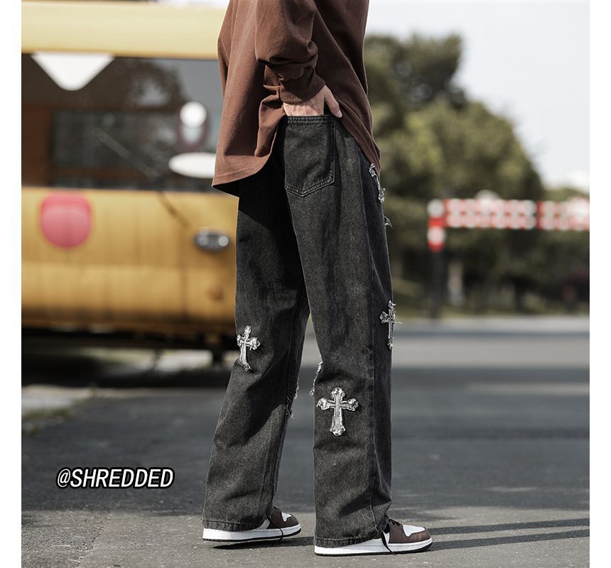 DuckleBeam - Mid Rise Cross Applique Washed Straight Leg Jeans