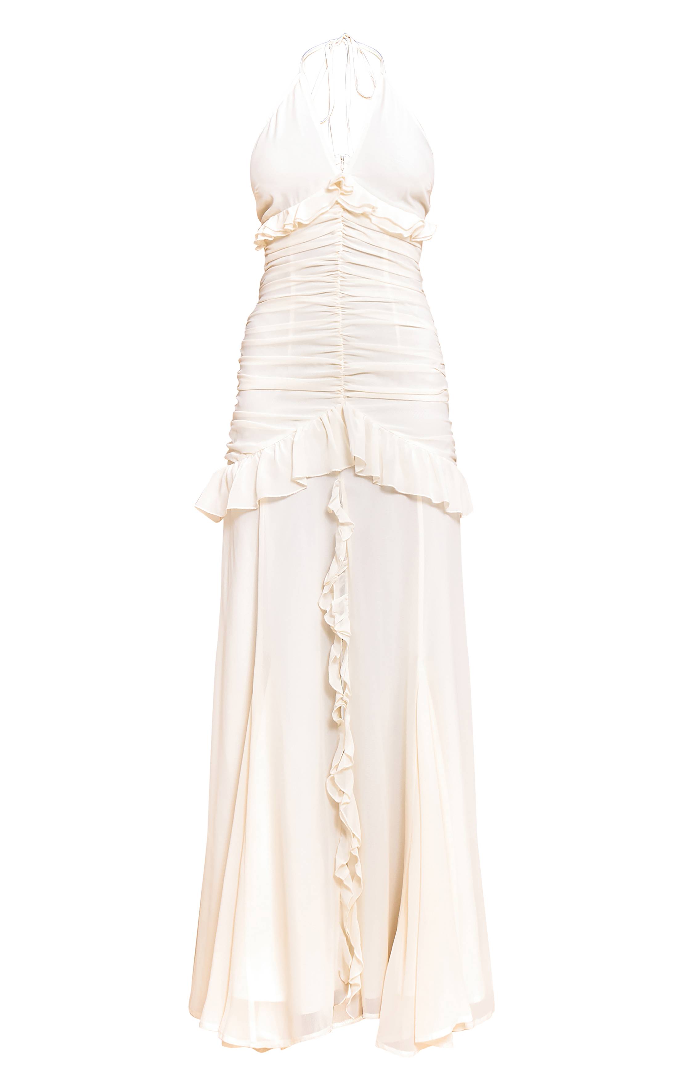 Crème Robe Longue Froncée À Volants Et Col Licou
