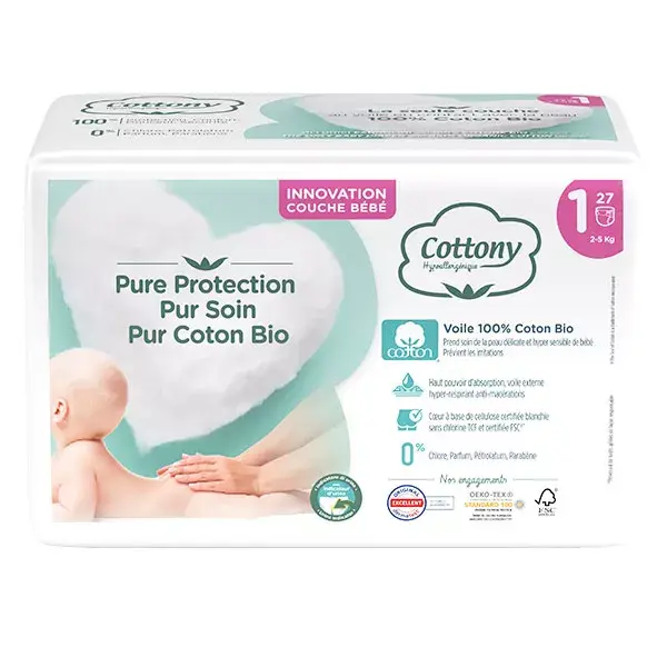 Fraldas Cottony Baby 100% algodão, tamanho 1 (2-5kg), pacote com 27 unidades.