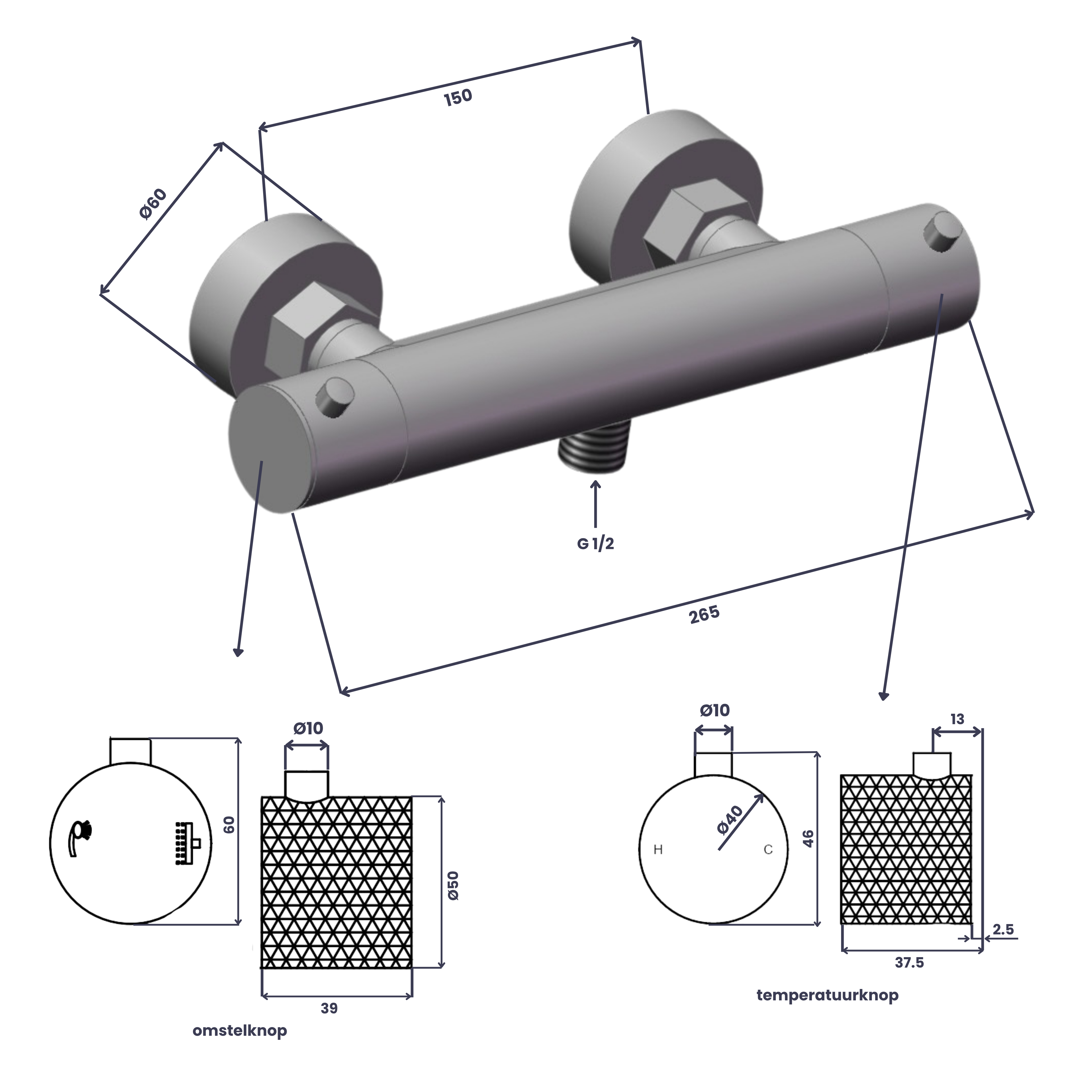 Saniclear Antique Curved doucheset verouderd messing met thermostatische kraan, handdouche en glijstang