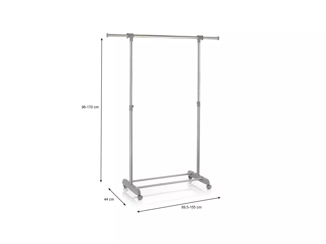 Portant à vêtements SALA en métal chromé et gris, penderie simple sur roulettes avec 1 barre extensible hauteur réglable