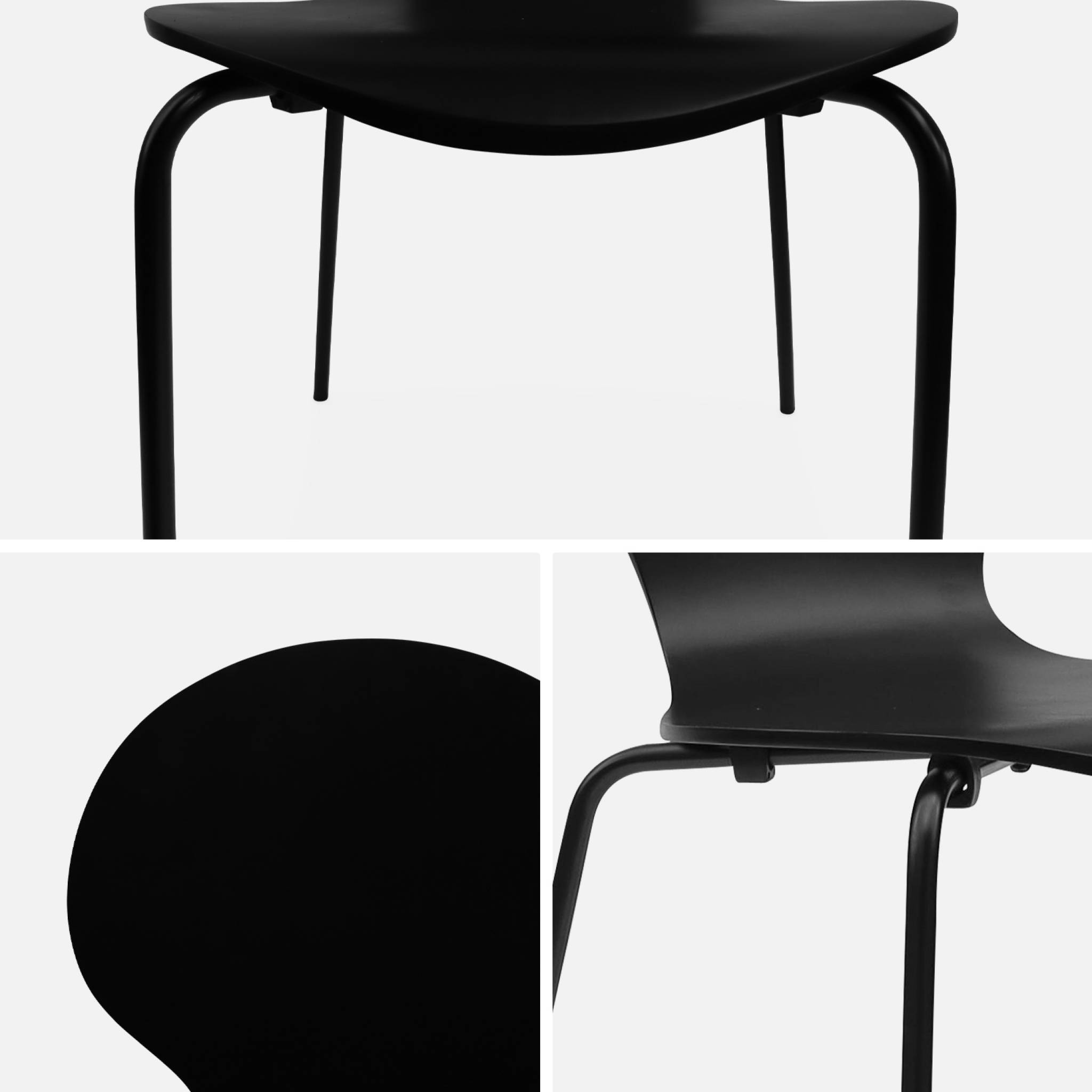 Lot de 4 chaises noires rétro empilables. Bois d'hévéa et contreplaqué. Pieds en acier. Naomi. L 43 x p 48 x h 87cm