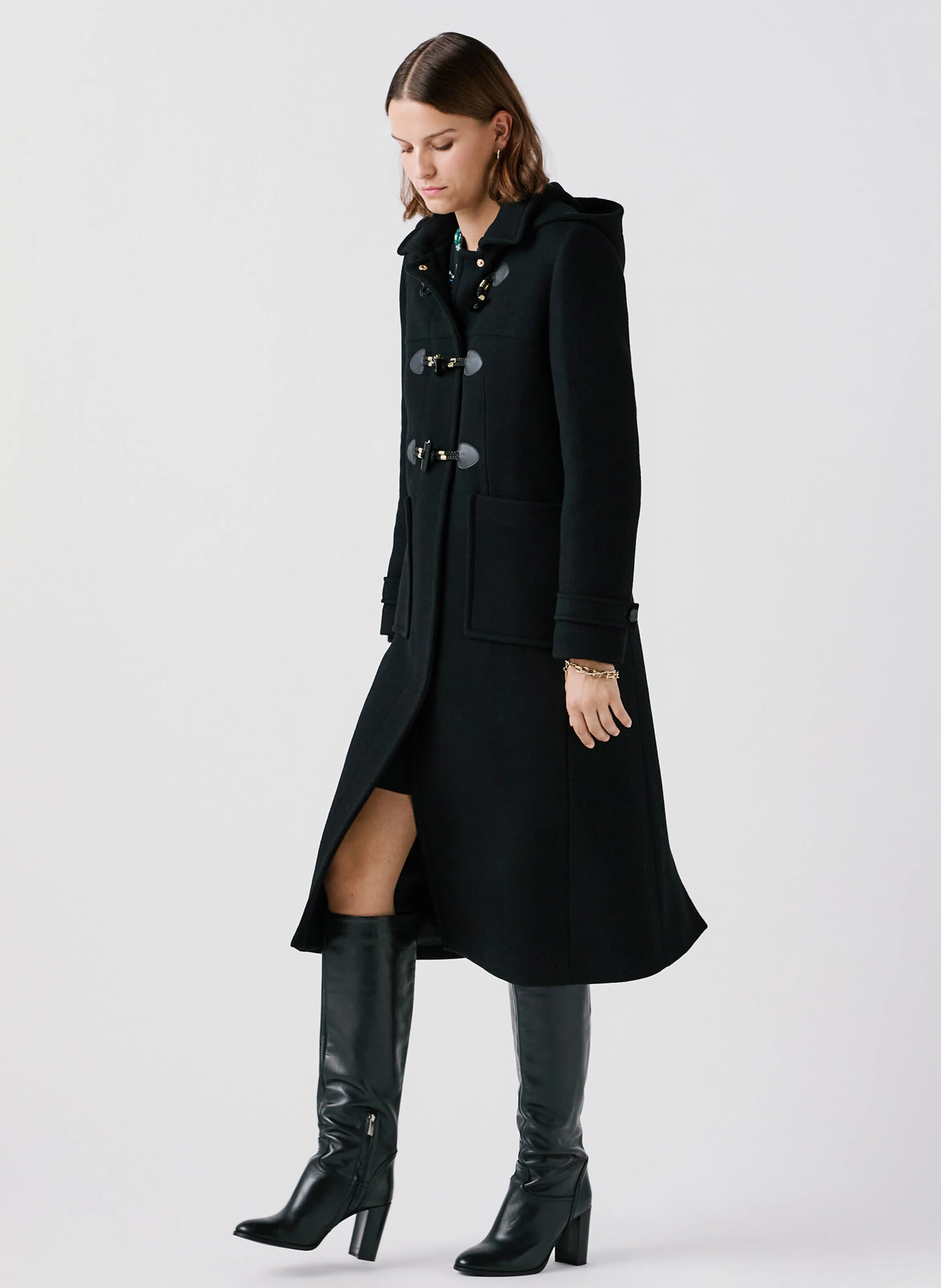 GANVILLE - Manteau long à capuche en laine mélangée | Noir