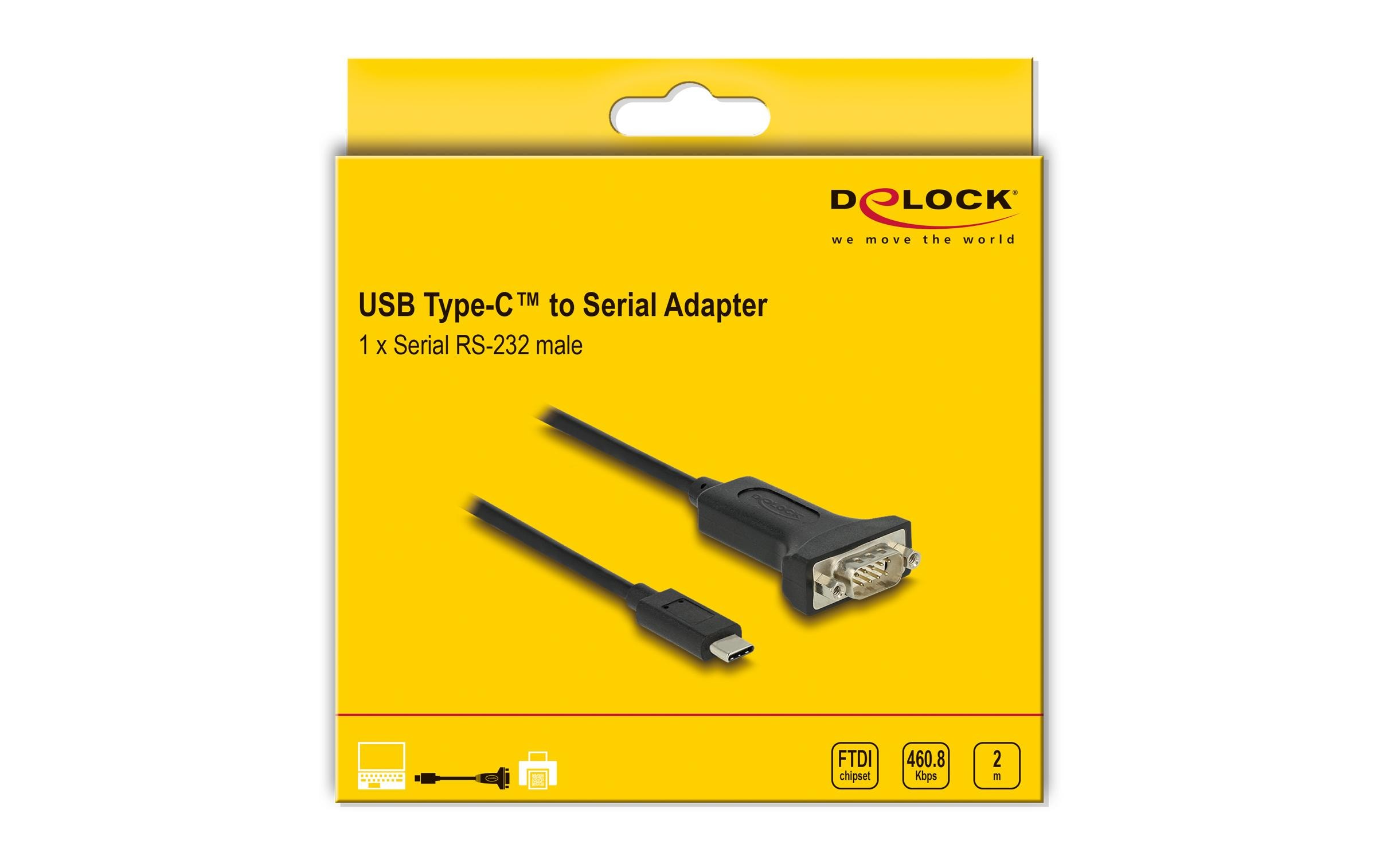 Serial-Adapter USB-C – RS-232 D-Sub 9 Pin mit Muttern 2 mDelock Adapter USB Type-C zu 1 x Seriell RS-232 D-Sub 9 Pin Stecker mit Muttern 2 m