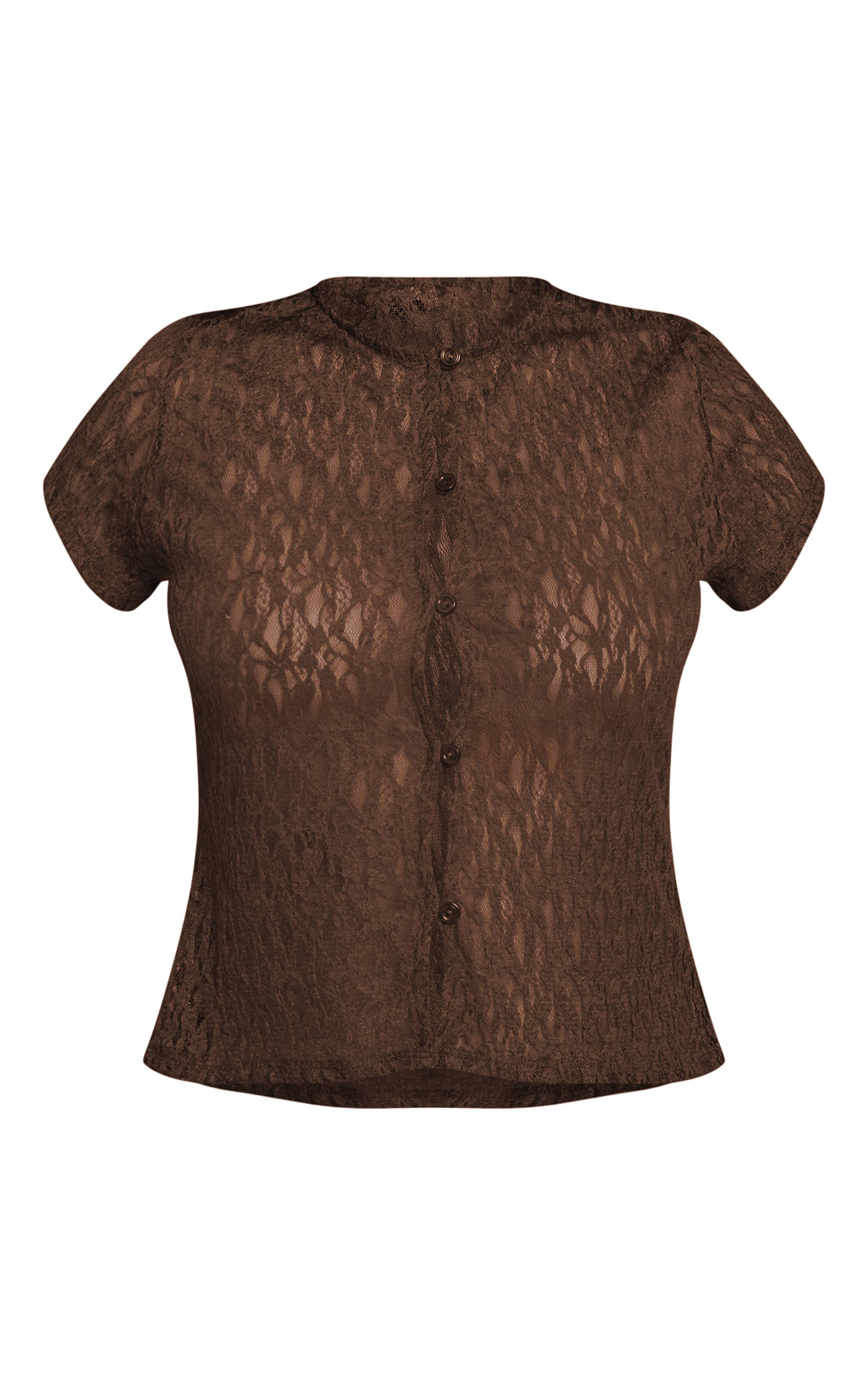 Chocolat Haut Boutonné En Dentelle À Manches Courtes