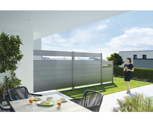 Aluminium schuttingpaneel Biohort met glasinzet 180 x 180 cm kwartsgrijs metallic