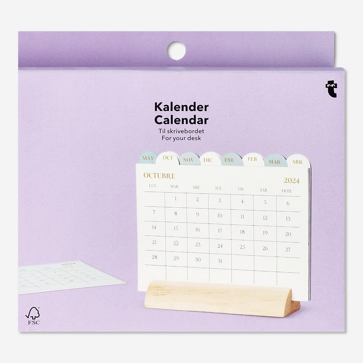 Skrivebordskalender med træholder - engelsk