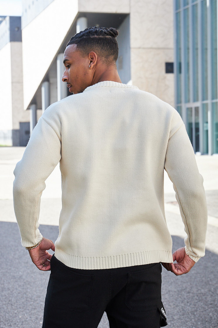 Pull beige en maille à logo 