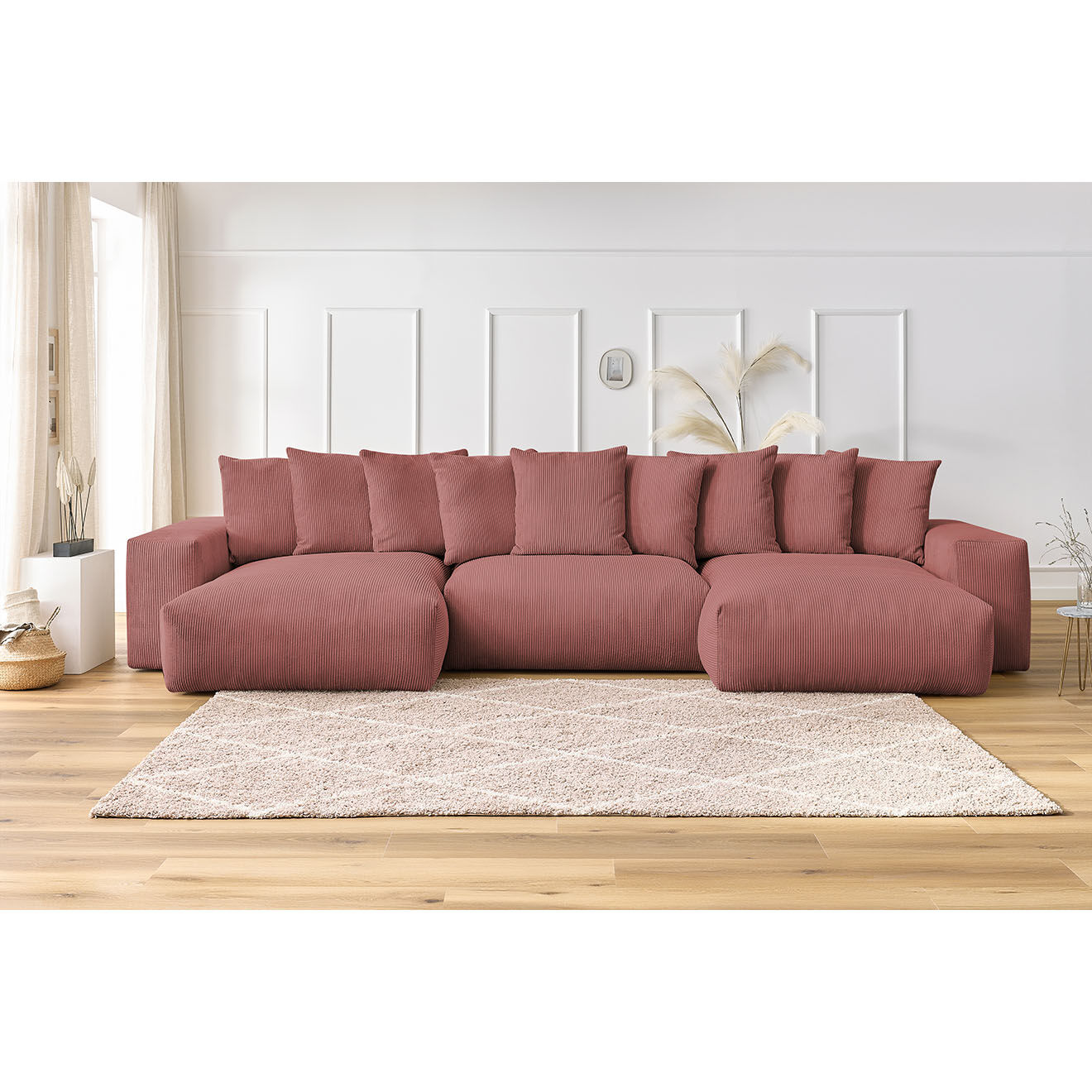 Bobochic Canapé panoramique fixe ultra moelleux voltaire velours côtelé rose - 420x174x75 cm