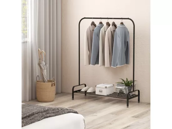 Portant à Vêtement avec Étagère de Chaussures, Penderie Vêtement Hauteur 145CM, Tube en Fer, 4 Pieds Réglables, Portique Vêtement pour Chambre, Salon, Noir