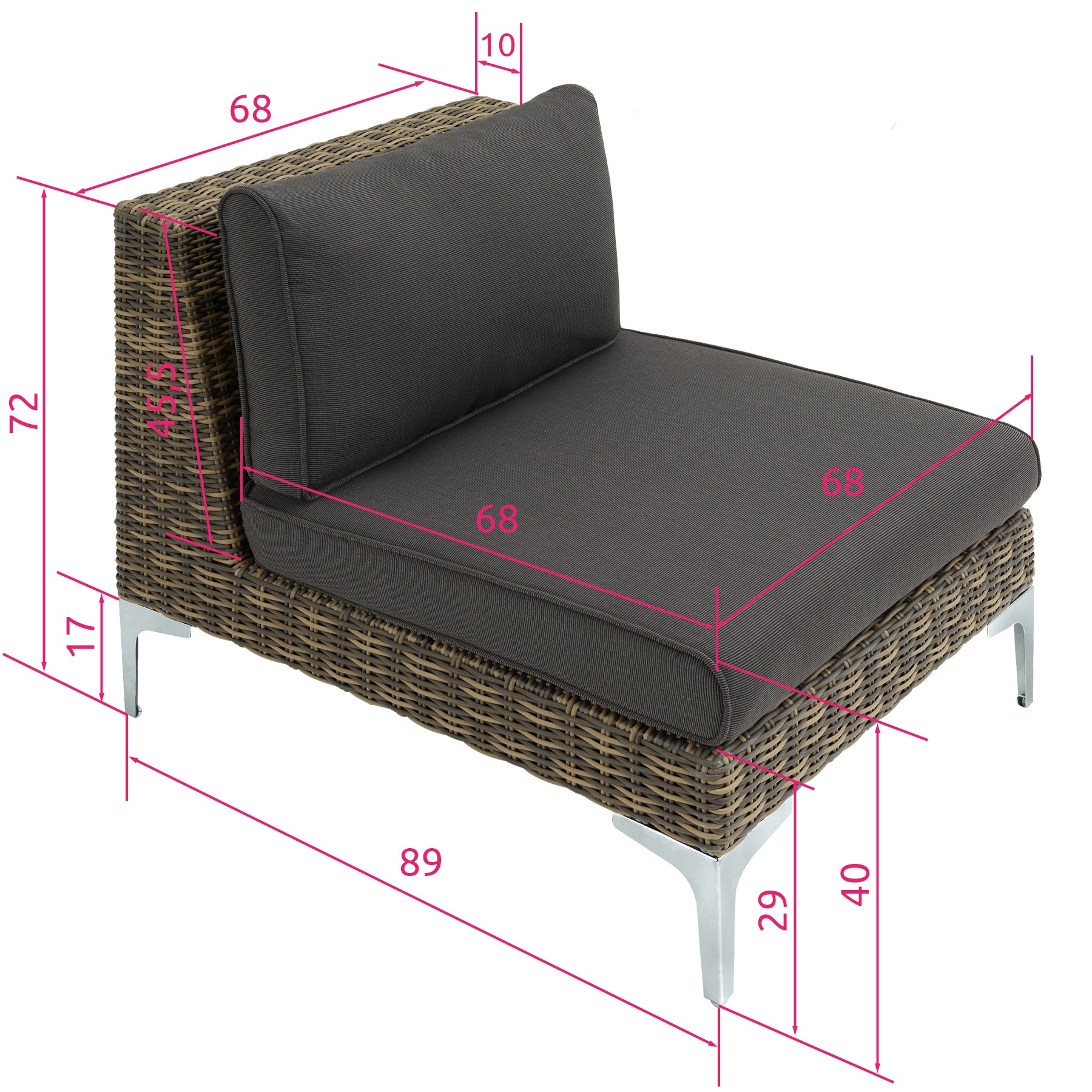 tectake® Modulares Rattanset, 3 Mittelteile mit Aluminiumgestell, natürlich nachempfundenes Geflecht, kein Aufbau