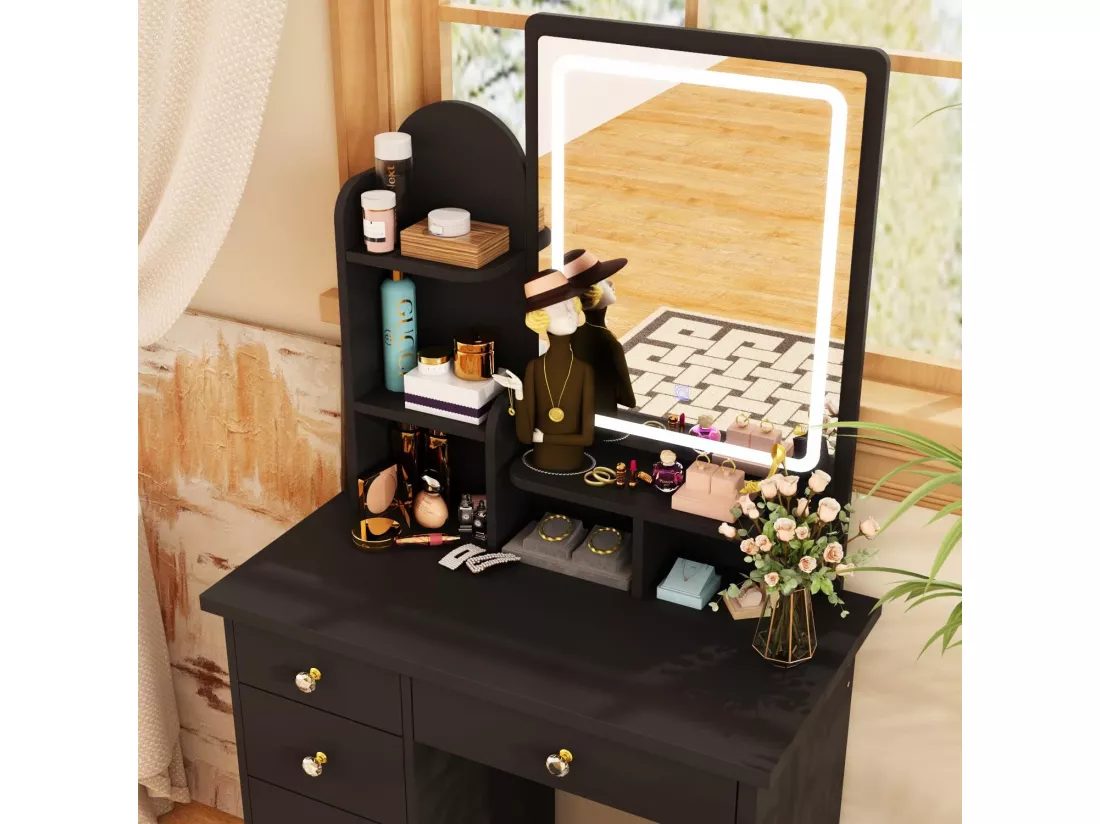 Coiffeuse avec Miroir LED réglable tiroirs Tabouret 80x40x140cm Noir