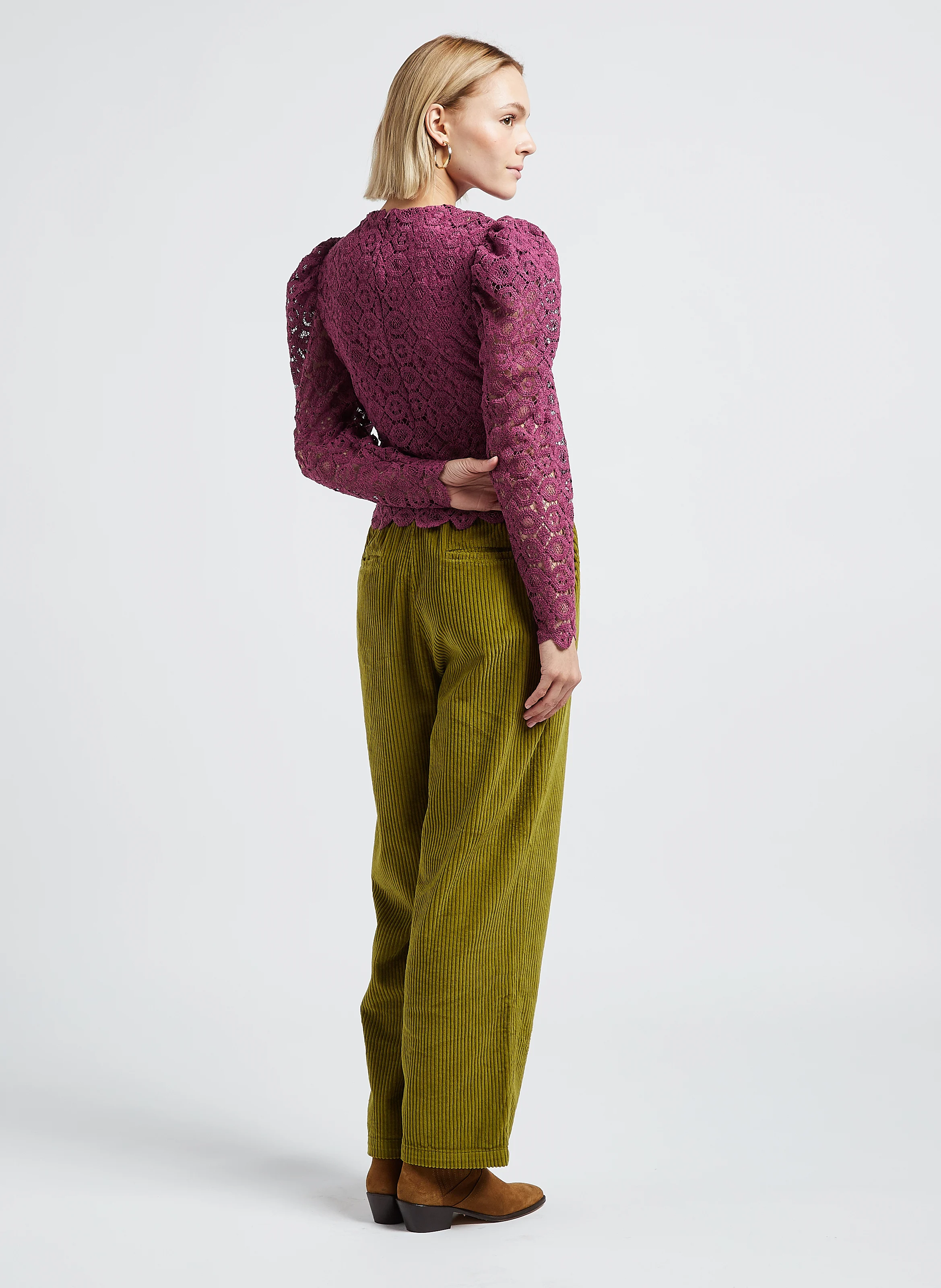 CAMERON - Pantalon droite en velours de coton côtelé| Vert