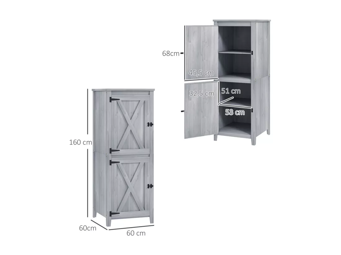 Armoire de jardin en bois gris - 2 portes verrouillables, 2 étagères amovibles - dim. 60 x 60 x 160 cm