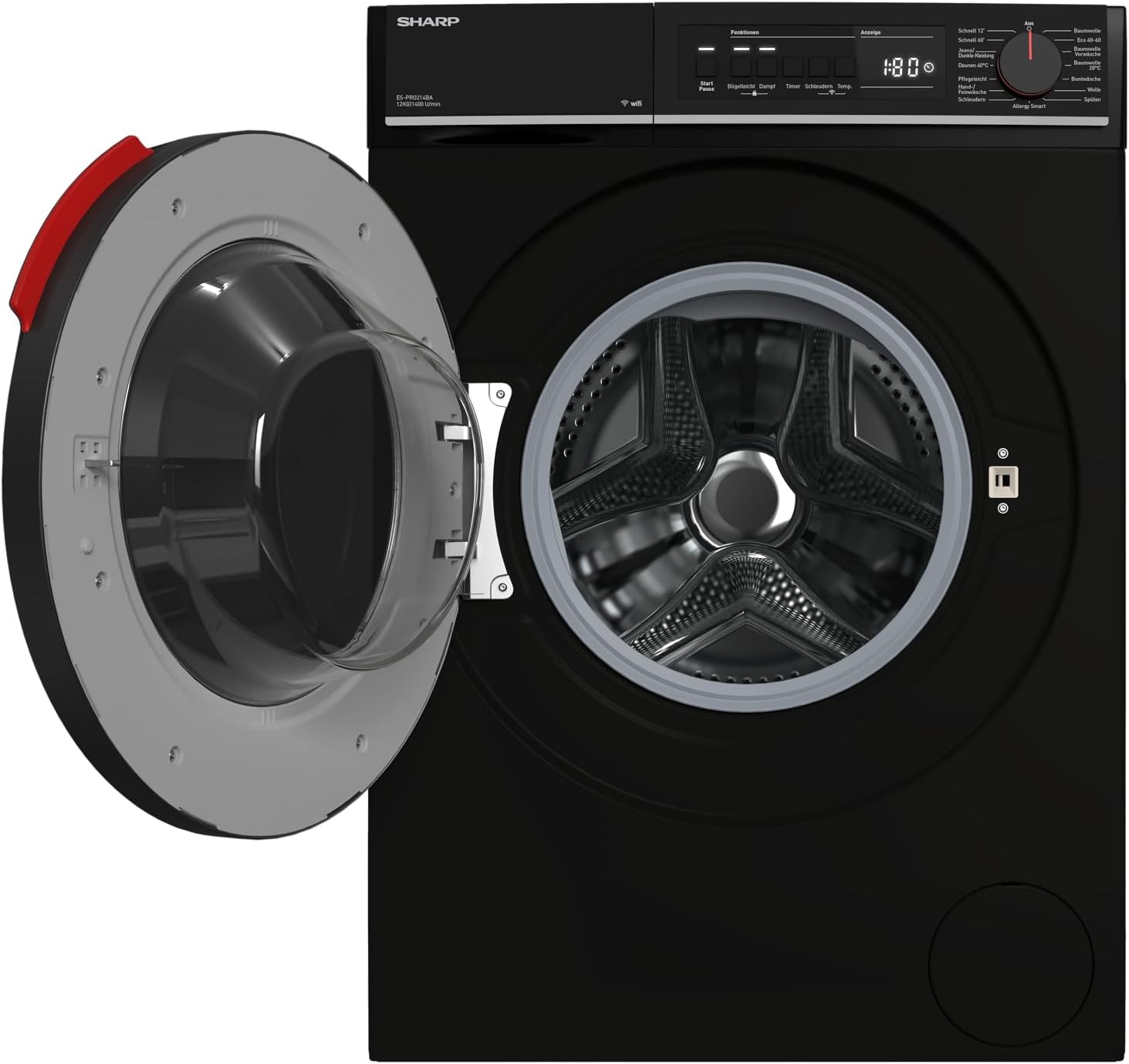 SHARP ES-PRO214BA-DE Waschmaschine Frontlader, 12kg, 1400U/min, Smarte Bedienung durch Veezy App, Dampffunktion, Inverter, 15 Programme, AquaStop, Schwarz