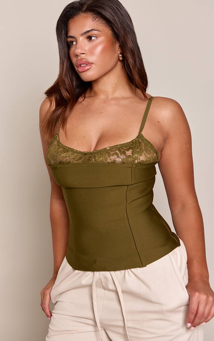 Kaki Top Corset Bandage Moulant Avec Détail Dentelle